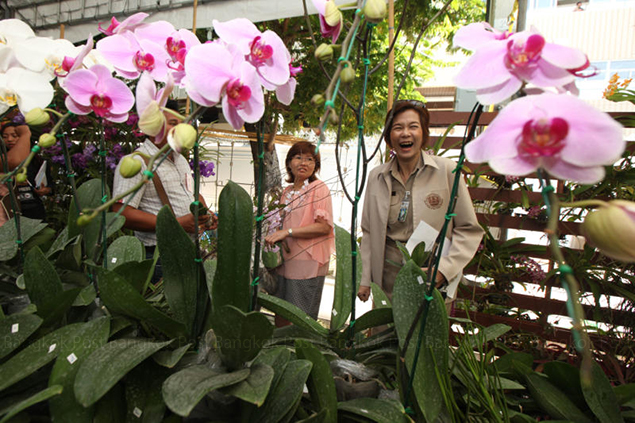 Officials and visitors look at orchids at an exhibition held on a road near Government House to showcase the flowers and promote exports. — Thiti Wannamontha.