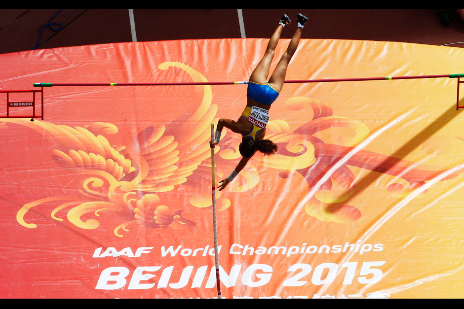 Angelica Bengtsson of Sweden competes in the women's Pole Vault qualification during the Beijing 2015 IAAF World Championships at the National Stadium, also known as Bird's Nest, in Beijing. - EPA