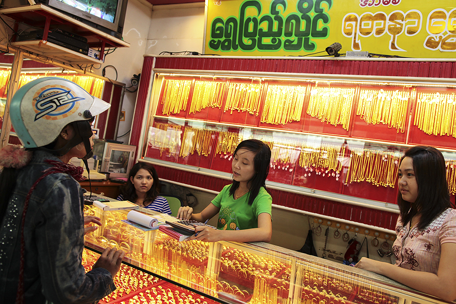 A gold shop at Bayinnuang market. Some of the gold bars and ornaments