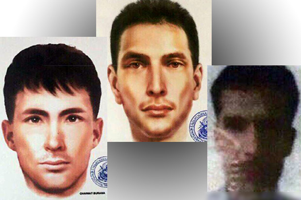 Composite sketches and a grainy identification card photo of three new suspects in last month's Bangkok bombings released by police Tuesday.