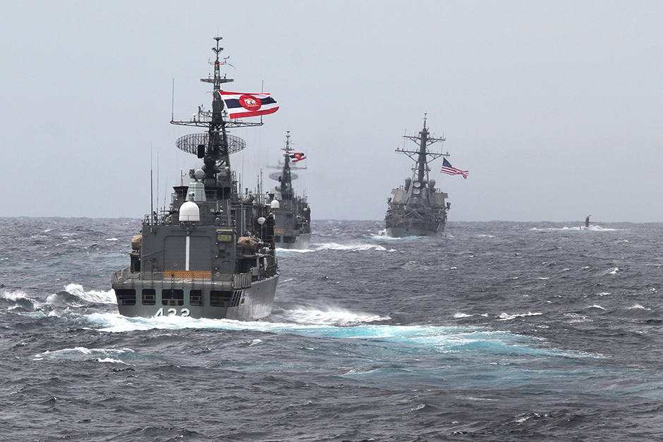 The Los Angeles-class nuclear submarine USS San Francisco (not visible) leads the Arleigh Burke-class guided missile destroyer USS Stethem, followed by HTMS Naresuan and HTMS Taksin during Exercise Guardian Sea 2016 in the Andaman Sea on May 27. The four-day joint training exercise was aimed at boosting cooperation in anti-submarine warfare. - Pattanapong Hirunard