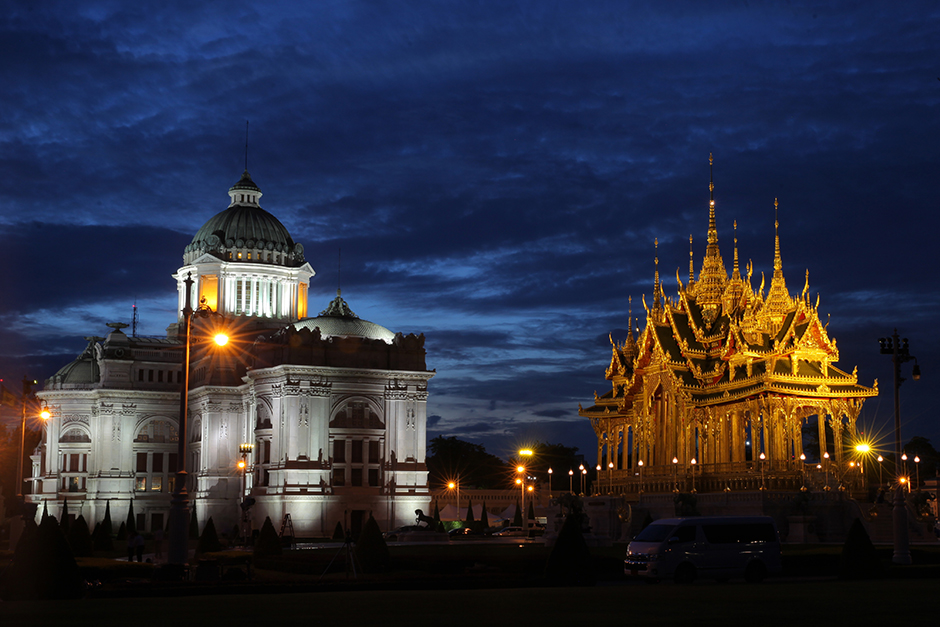 The Ruen Yod Barom Mungkalanusaranee pavilion glows as it is lit up against the evening sky close to the Ananta Samakhom Throne Hall. The pavilion was built to honour important events associated with the royal family. - Wichan Charoenkiatpakul