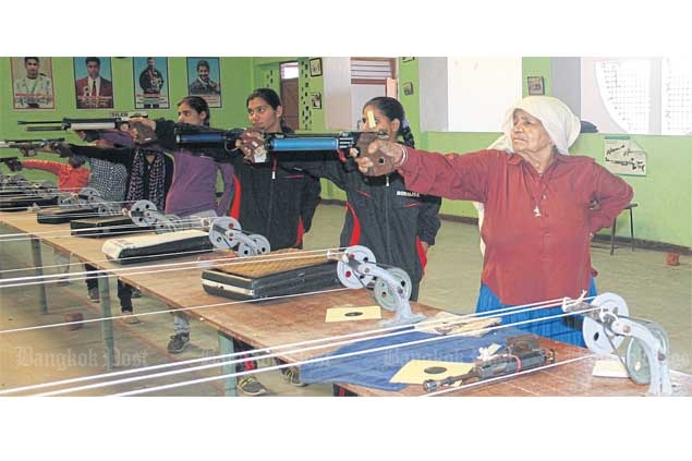 Chandro Tomar leads younger shooters at the Johri shoorting range.