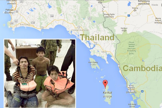 The three Cambodians arrested and charged with the rape and assault of four French tourists were captured in a mountainous area of Koh Kut by a combined force of marines, police district officials and villagers. (Photo courtesy of Koh Kut marines task force unit)