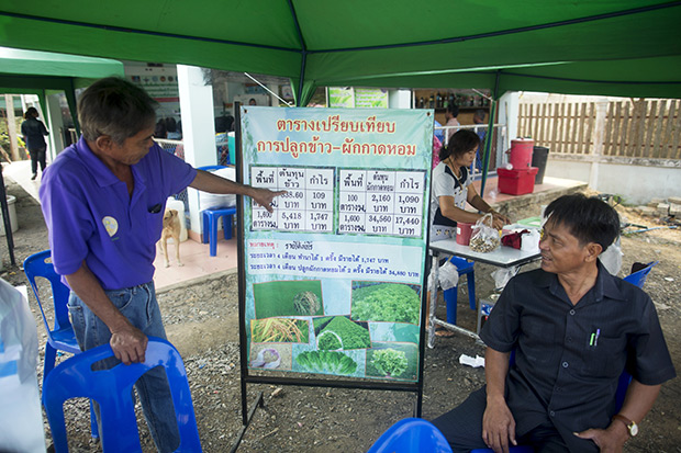 Farming ministry workers show an infographic illustrating cost comparisons of planting rice and planting vegetables at a government-funded training programme for rice farmers in Sankhaburi district of Chai Nat province Feb 23. The government is funding a training programme designed to wean farmers off water-intensive rice and teach them how to grow other crops. (Bloomberg photo)