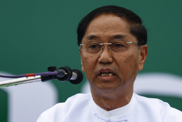 Myint Swe, who has been nominated as vice-president by the Myanmar military, delivers a speech during a Union Solidarity and Development Party (USDP) party campaign rally in Yangon on Oct 10 last year. (EPA Photo)