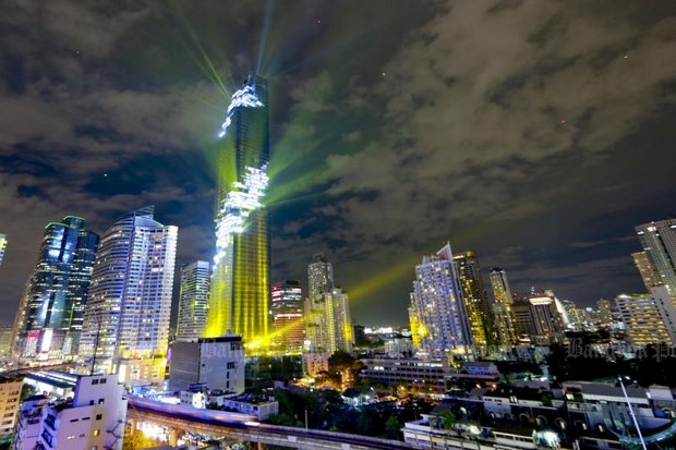 MahaNakhon, now the tallest building in Thailand, was officially opened on Monday with a light and sound show.