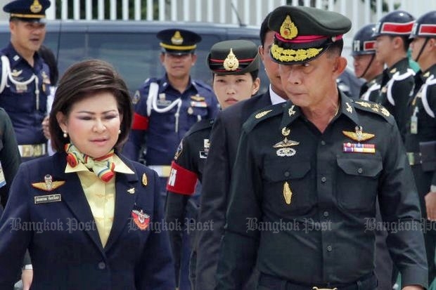 Gen Preecha Chan-o-cha, permanent secretary of the Ministry of Defence, and his wife Phongphan have been shamed online for misuse of state assets, and now new allegations of cronyism have come after their son won two military construction projects. (Photo by Tawatchai Kemgumnerd)