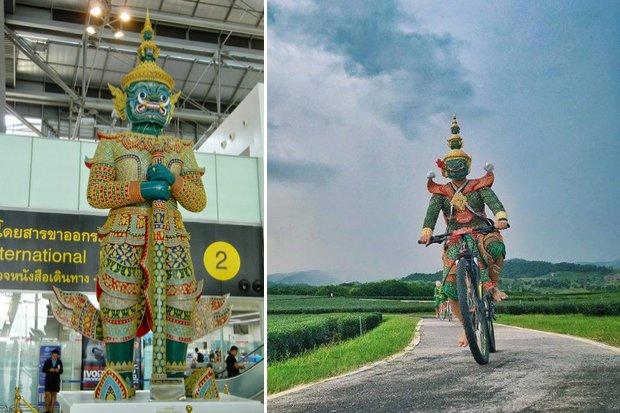 Left: Tossakan guards the immigration section and currency exchange booths at Suvarnabhumi airport. Right: Tossakan on a bicycle. (Photos: Airports of Thailand, Fun to Travel in Thailand music video)