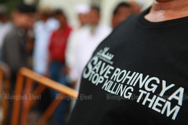 Protesters gather in front of the Myanmar embassy in Bangkok in November demanding the Myanmar government stop killing Rohingya people. (Bangkok Post file photo)