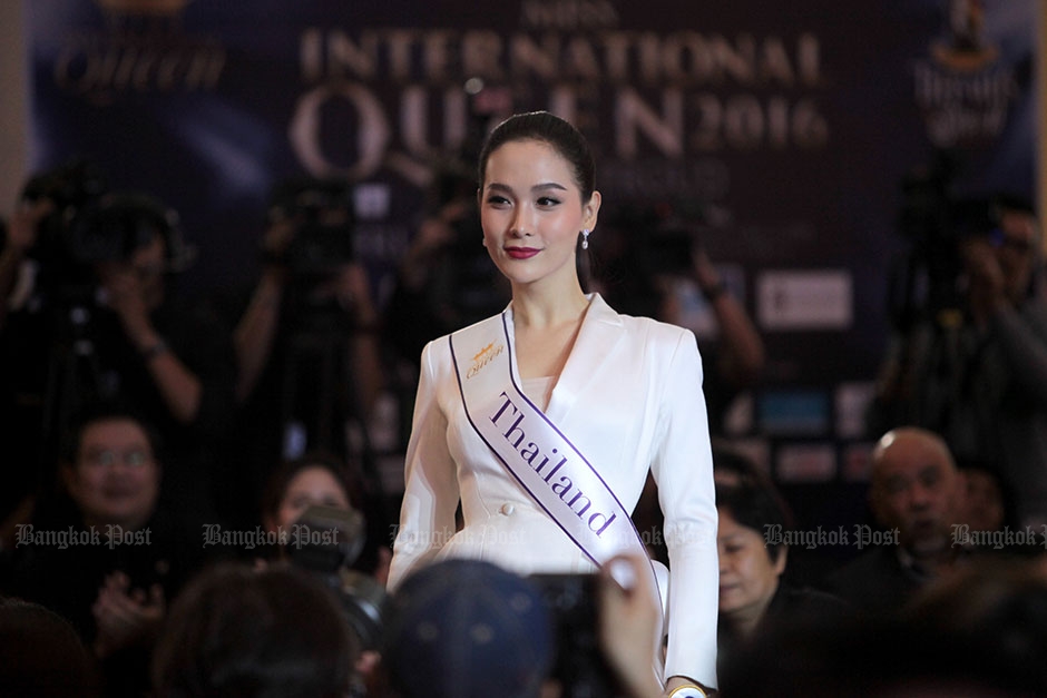Miss Jiratchaya Sirimongkolnawin is introduced during a media briefing on Miss International Queen 2016 at the CentralWorld shopping centre. — Chanat Katanyu