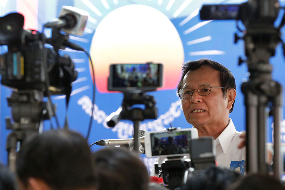 Kem Sokha, the new leader of the opposition Cambodia National Rescue Party, speaks during a congress at the party headquarters in Phnom Penh. — EPA