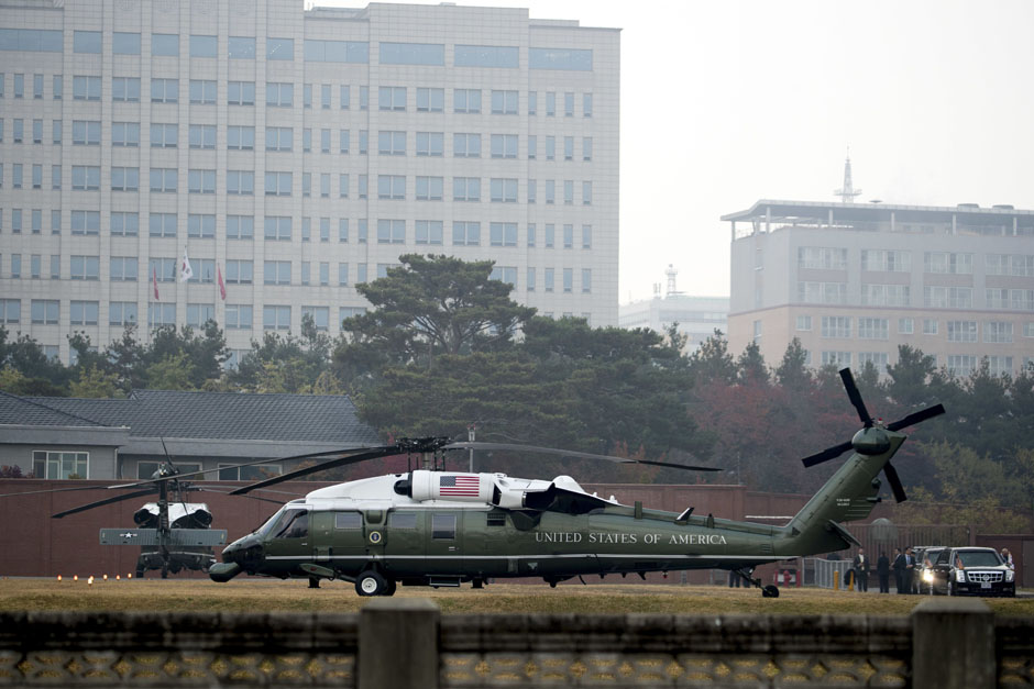 Presidential helicopters are grounded as President Donald Trump returns to US Army Garrison Yongsan, Seoul, South Korea after attempting to visit the Demilitarized Zone (DMZ), the tense military border between the two Koreas. Trump is on a five country trip through Asia traveling to Japan, South Korea, China, Vietnam and the Philippines. — AP
