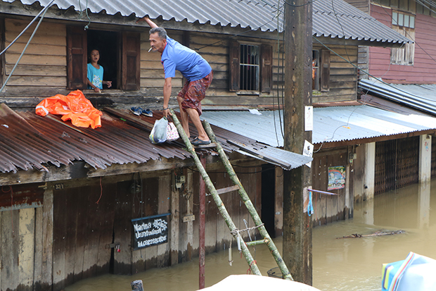 A man climbs on a bamboo ladder to enter his flooded house through a second-floor window in Narathiwat on Thursday. (Photo by Waedao Harai)