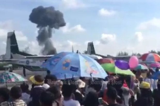 The Jas 39C Gripen fighter jet crashes during the air show at Wing 56 in Hat Yai, Songkhla, on Saturday.