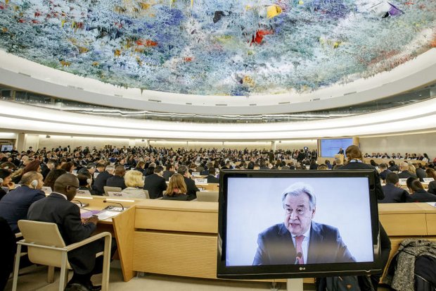 UN Secretary-General Antonio Guterres delivers his statement to open the 34th session of the Human Rights Council at the European headquarters of the United Nations in Geneva. (AP photo)