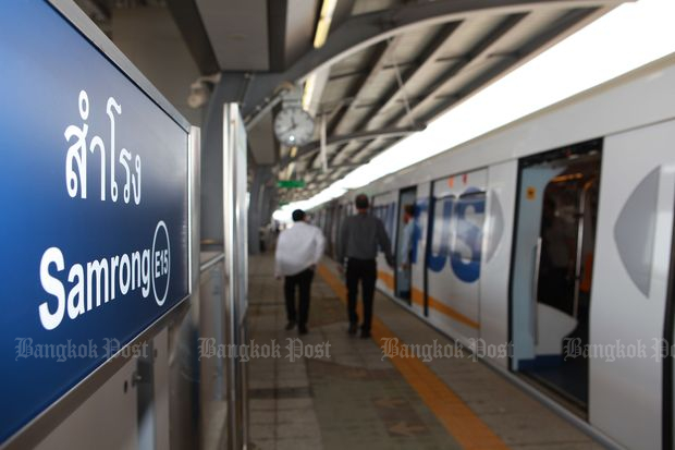 Bangkok Metropolitan Authority officials test the readiness of the electrical system for the skytrain extension from Bearing to Samrong on March 17, 2017.