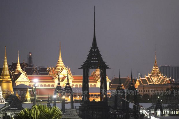 Work on the royal crematorium, seen in front of Wat Phra Kaeo and the Grand Palace, is 60% completed. It is the site for the funeral of the late King Bhumibol Adulyadej. (Photo by Patipat Janthong) Work on the royal crematorium, seen in front of Wat Phra Kaeo and the Grand Palace, is 60% completed. It is the site for the funeral of the late King Bhumibol Adulyadej. (Photo by Patipat Janthong)