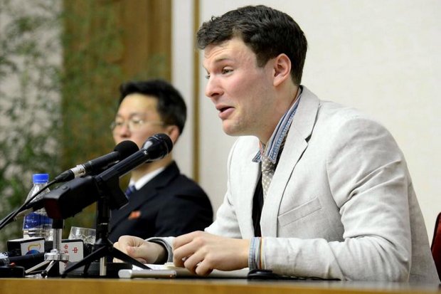 This file photo taken on February 29, 2016, shows Warmbier at a press conference, confessing. (Photo by North Korean Central News Agency) This file photo taken on February 29, 2016, shows Warmbier at a press conference, confessing. (Photo by North Korean Central News Agency)
