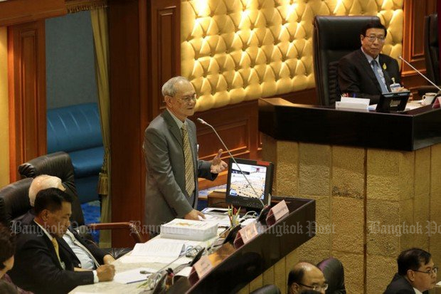 Meechai Ruchupan, the junta-appointed head of the Constitution Drafting Committee has appeared at the regime's National Legislative Assembly (NLA) to defend the bill to require political parties to hold primary elections. (Bangkok Post file photo)