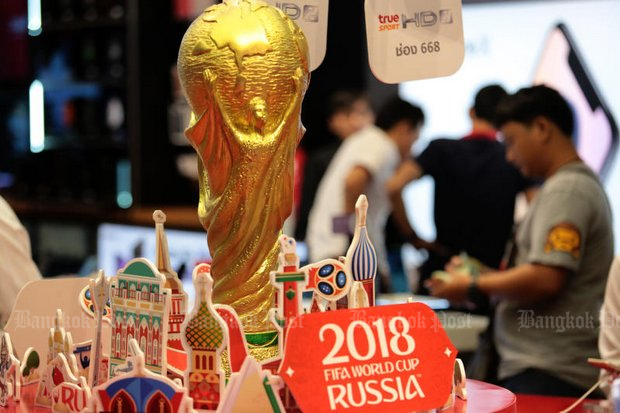 A department store display shows 2018 World Cup-themed decorations ahead of the tournament kick-off on Thursday. (Wichan Charoenkiatpakul)