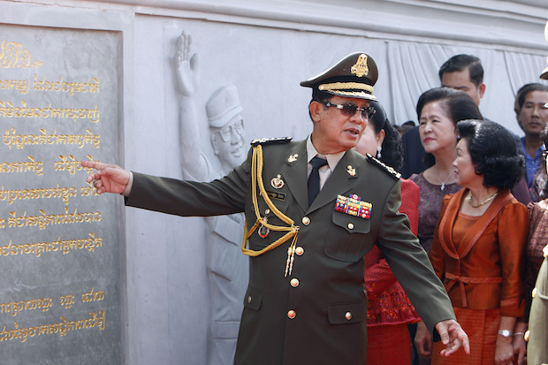 Prime Minister Hun Sen attends the opening of the Win-Win Memorial in Prek Ta Sek, near Phnom Penh, on Saturday. The monument marks the end in 1998 of the threat from the communist Khmer Rouge, which ruinously ruled the country in the late 1970s and then carried on a guerrilla war. (AP Photo)