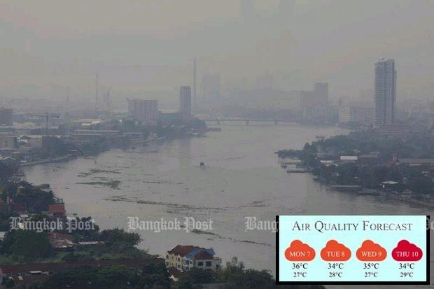 The thick haze hanging over Bangkok and surrounding provinces is seen in this aerial view over the Chao Phraya River in the Kiakkai area on Sunday. (Photo by Pornprom Satrabhaya)