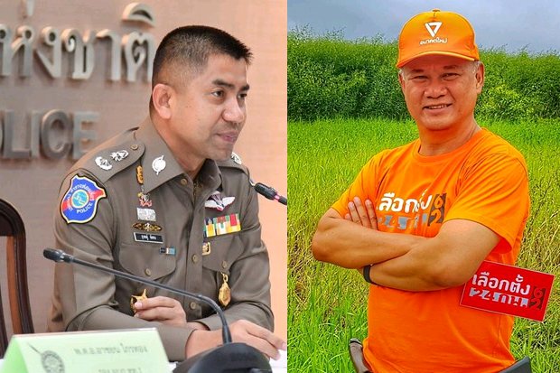 Pol Lt Gen Surachate 'Big Joke' Hakparn has ordered charges of computer crime against retired Lt Gen Phongsakon Rotchomphu, seen here in his Future Forward Party kit. Lt Gen Phongsakon is the designated military expert and likely defence minister in a Future Forward Party government. He has been summoned to report to police next Monday. (Photos Royal Thai Police, Facebook)