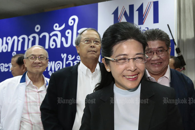 Khunying Suradat Keyuraphan of Pheu Thai is all smiles after a press conference at the party's head office on Monday. (Photo by Patipat Janthong)