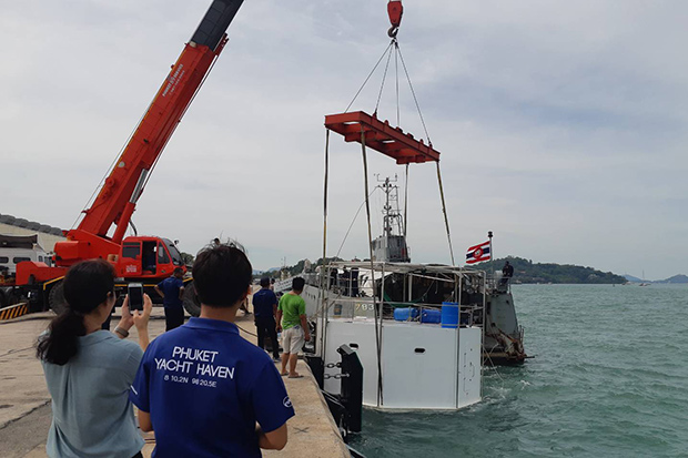 A seastead cabin is lifted ashore at Phuket port on Wednesday.