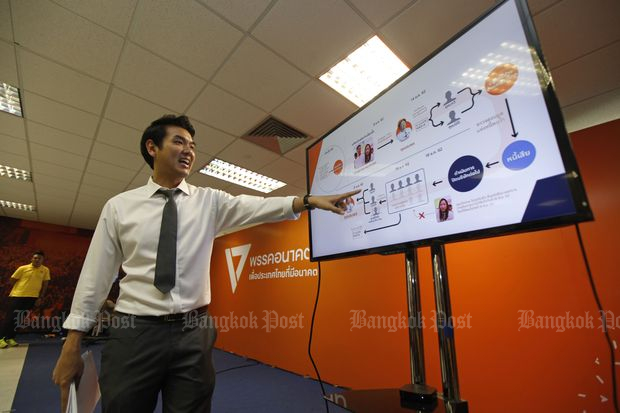 Piyabutr Saengkanokkul, secretary-general of the Future Forward Party, explains the sale of V-Luck Media Co Ltd shares on behalf of party leader Thanathorn Juangroongruangkit during a briefing on Monday. (Photo by Varuth Hirunyatheb)