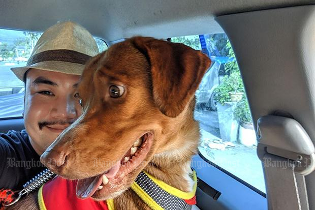 Vitisak Payalaw sits behind Boonrod, the dog he helped rescue from the ocean, as he prepares to take him from a shelter in Hat Yai district, Songkhla, to his home in Khon Kaen on Saturday. (Photo from Boonrod Facebook account)