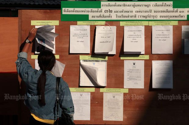 A woman checks the list of eligible voters at a polling station in Bang Kapi district, Bangkok, during an election rerun on April 21. (Photo by Chanat Katanyu)