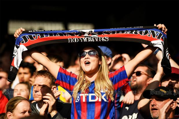 Crystal Palace fans cheer their team after the last match of the Premier League season at Selhurst Park on Sunday. (Reuters photo)