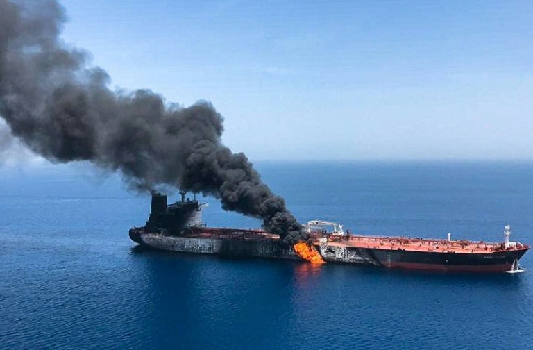 A picture obtained by AFP from Iranian News Agency ISNA on June 13, 2019 reportedly shows fire and smoke billowing from the Norwegian-owned Front Altair tanker, one of two vessels hit by suspected attacks in the waters of the Gulf of Oman. A picture obtained by AFP from Iranian News Agency ISNA on June 13, 2019 reportedly shows fire and smoke billowing from the Norwegian-owned Front Altair tanker, one of two vessels hit by suspected attacks in the waters of the Gulf of Oman.