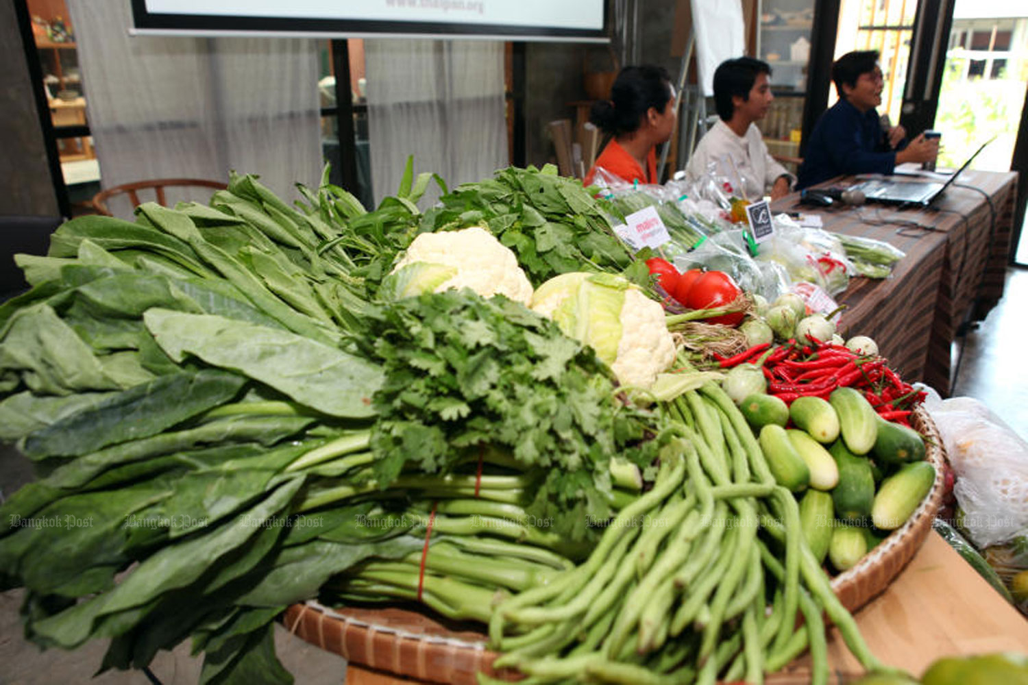 The Thai Pesticide Alert Network announces the results of its latest survey on contamination of vegetables and fruit at a news conference in in Nonthaburi province on Wednesday. (Photo by Tawatchai Kemgumnerd)