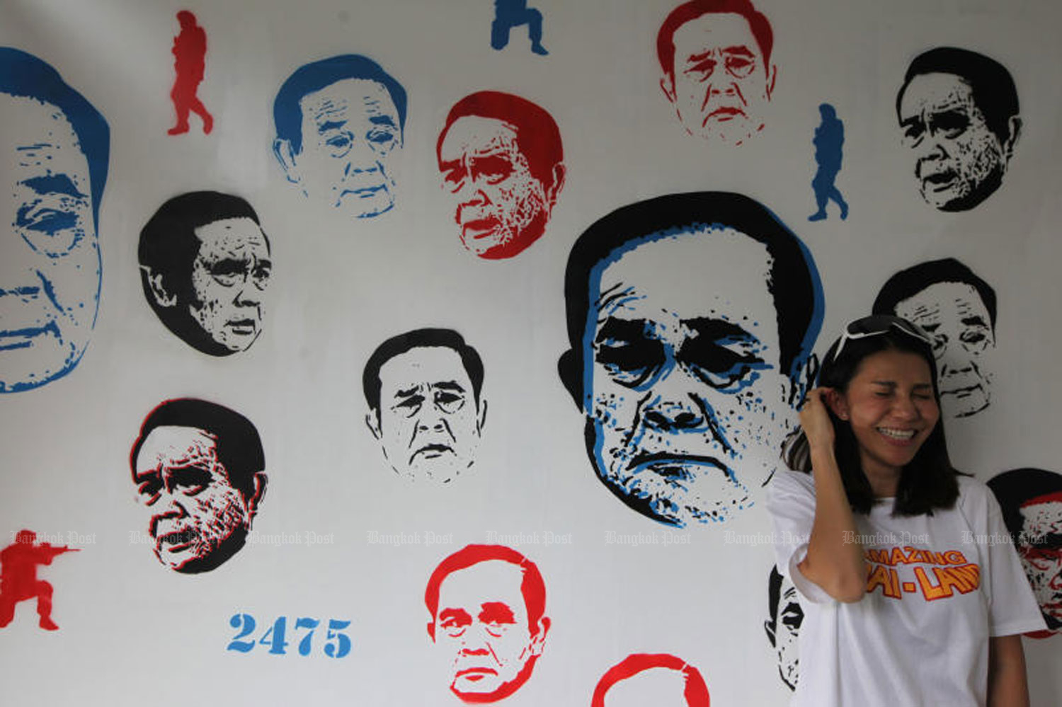 Different facial emotions of Prime Minister Prayut Chan-o-cha are painted under a theme 'Uncensored' by a group of artists named 'Headache Stencil.' The one-day exhibition was held at The Jam Factory on Charoen Nakhon Road in Bangkok on Sunday. (Photo by Wichan Charoenkiatpakul) Different facial emotions of Prime Minister Prayut Chan-o-cha are painted under a theme 'Uncensored' by a group of artists named 'Headache Stencil.' The one-day exhibition was held at The Jam Factory on Charoen Nakhon Road in Bangkok on Sunday. (Photo by Wichan Charoenkiatpakul)