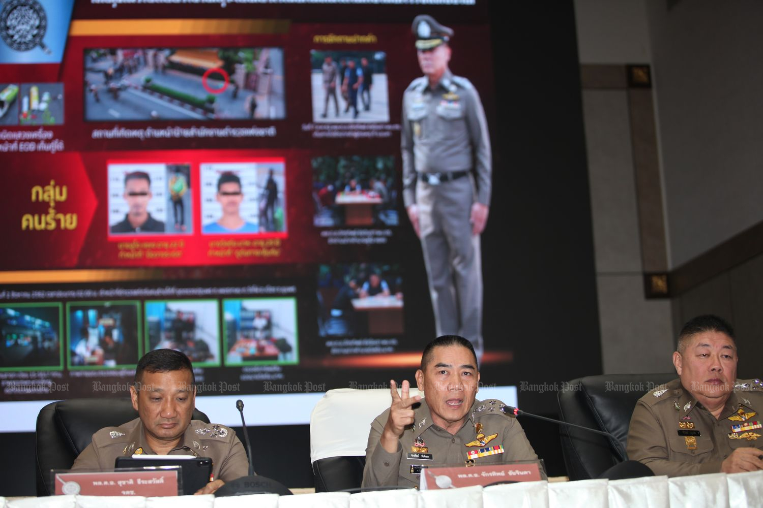Police chief Gen Chakthip Chaijinda gestures during a briefing on the bombings in Bangkok on Thursday. (Photo by Apichart Jinakul) Police chief Gen Chakthip Chaijinda gestures during a briefing on the bombings in Bangkok on Thursday. (Photo by Apichart Jinakul)