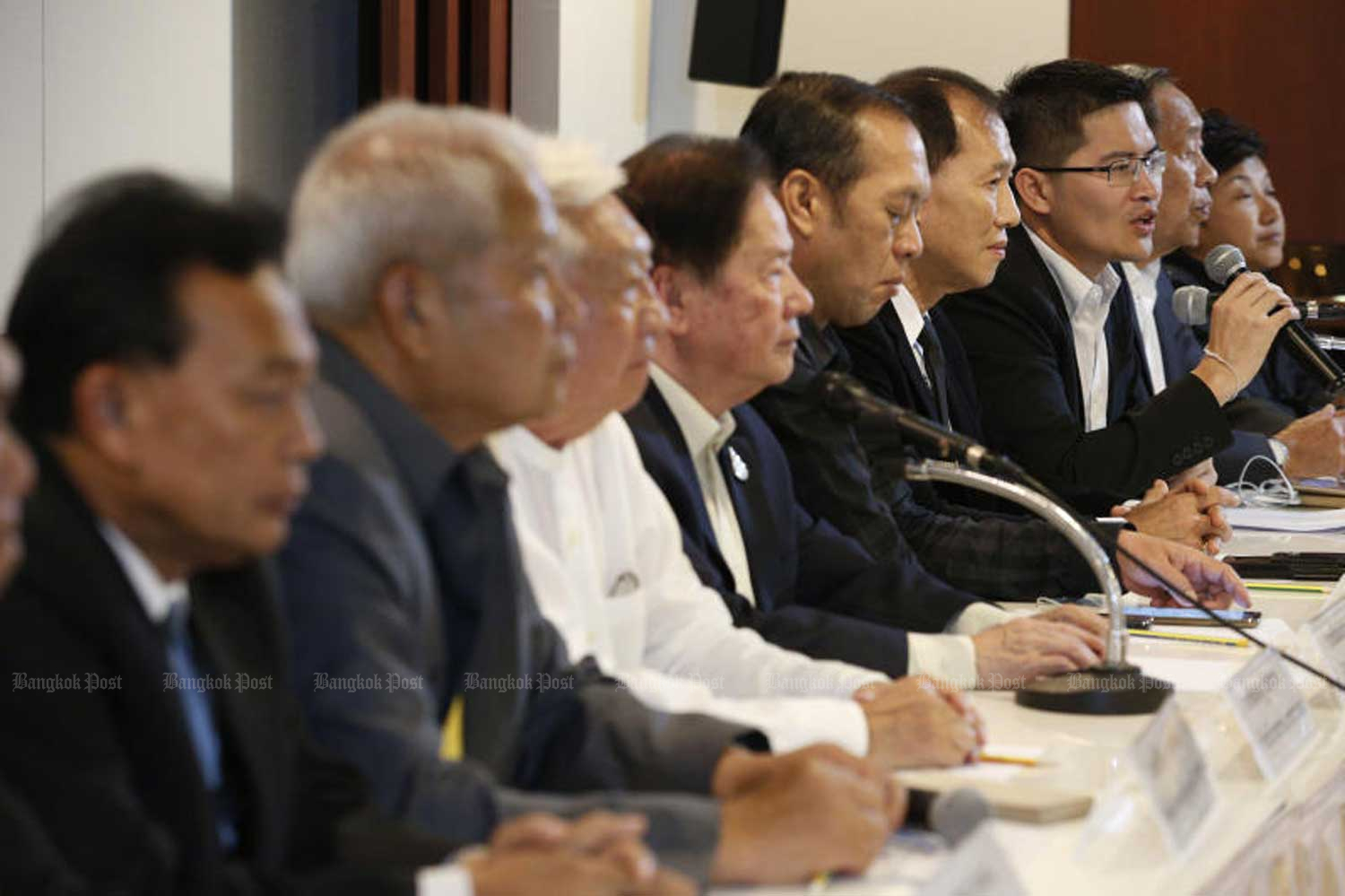 Representatives of 10 small political parties announce their political position demand in Bangkok in June. (Photo by Pornprom Satrabhaya)