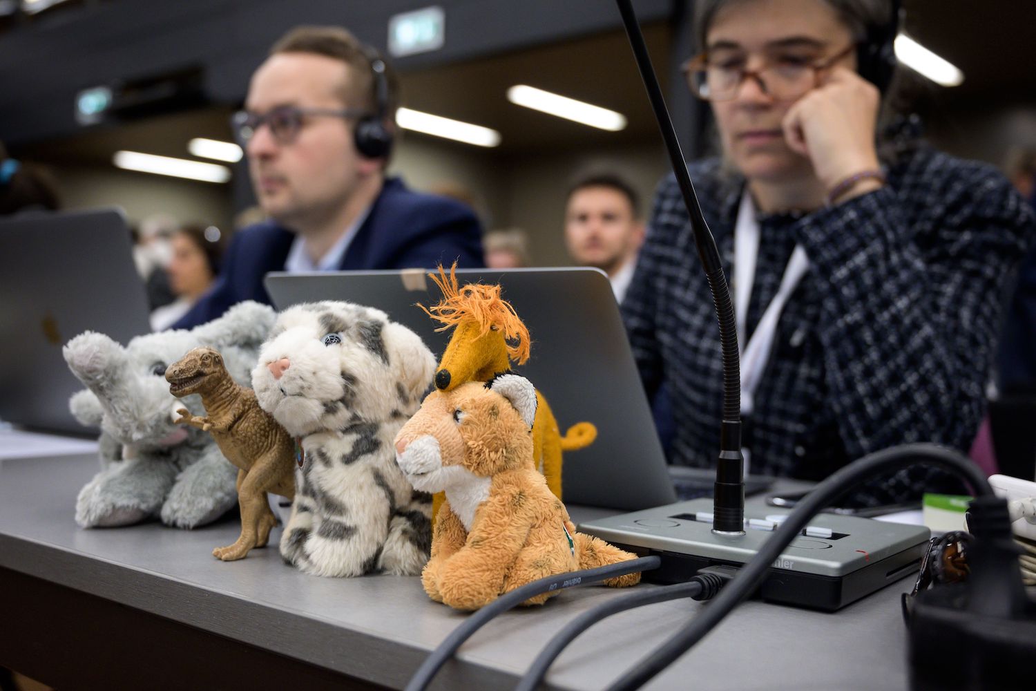 Stuffed animals are displayed in front of delegates attending the opening day of the CITES conference in Geneva on Saturday. (AP Photo) Stuffed animals are displayed in front of delegates attending the opening day of the CITES conference in Geneva on Saturday. (AP Photo)