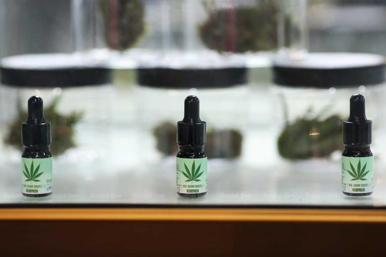 Cannabis oil for medical treatment is displayed at a herbal fair. (Photo by Patipat Janthong)