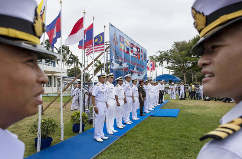 Officers of the US Navy and maritime forces of Association of Southeast Asian Nations (Asean) participate in the inauguration ceremony of the Asean-US Maritime Exercise in Sattahip, Thailand, on Monday. (AP photo)