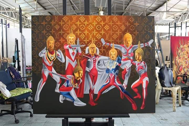 One of four paintings by an art student at Nakhonratchasima Rajabhat University that uses Ultraman to represent Lord Buddha. (Photo supplied by Prasit Tangprasert)