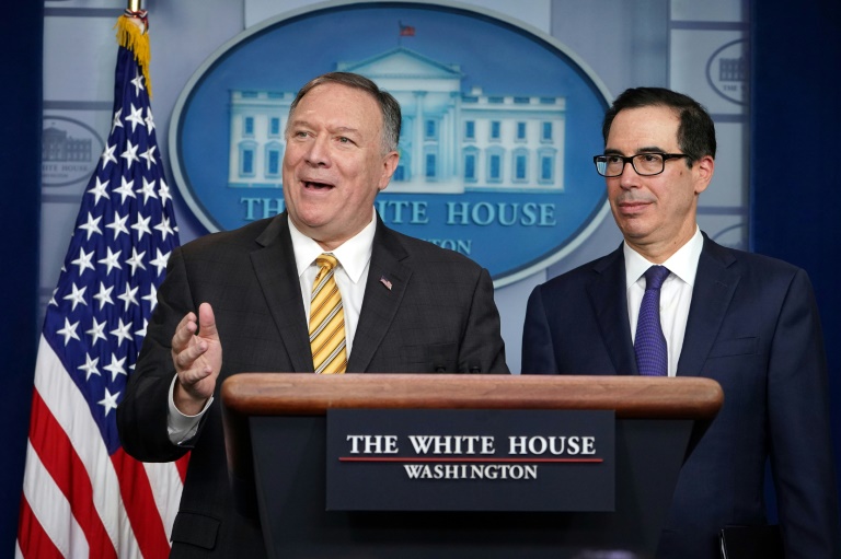 US Treasury Secretary Steven Mnuchin (R) and Secretary of State Mike Pompeo brief the media on September 10, 2019, at the White House. US Treasury Secretary Steven Mnuchin (R) and Secretary of State Mike Pompeo brief the media on September 10, 2019, at the White House.