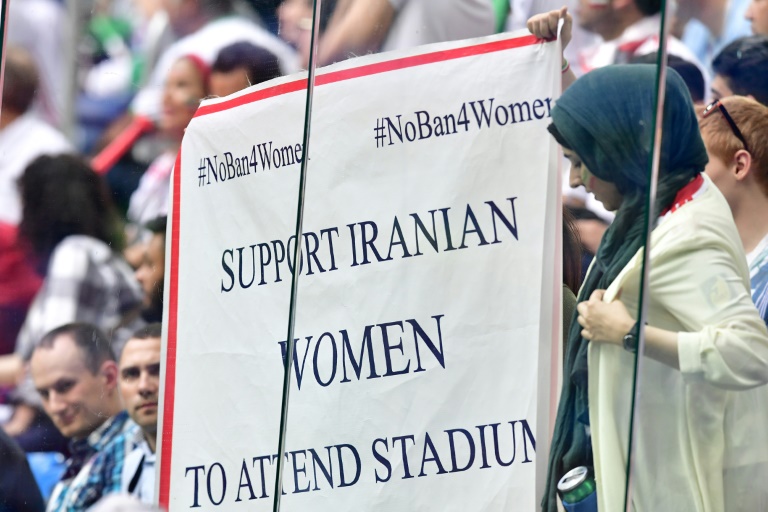 Iranian fans protested the ban on female supporters at football games in the country during last year's World Cup in Russia. Iranian fans protested the ban on female supporters at football games in the country during last year's World Cup in Russia.