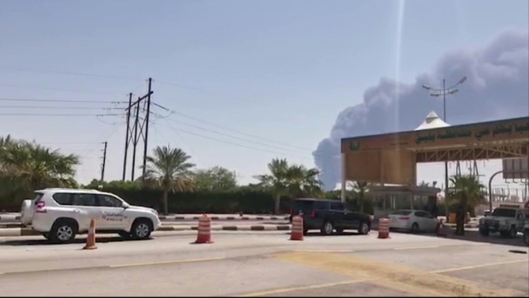Smoke billows from Saudi oil giant Aramco's huge Abqaiq processing plant following a Saturday attack that Tehran insists was carried out by Yemeni rebels but Washington says originated in Iran. Smoke billows from Saudi oil giant Aramco's huge Abqaiq processing plant following a Saturday attack that Tehran insists was carried out by Yemeni rebels but Washington says originated in Iran.