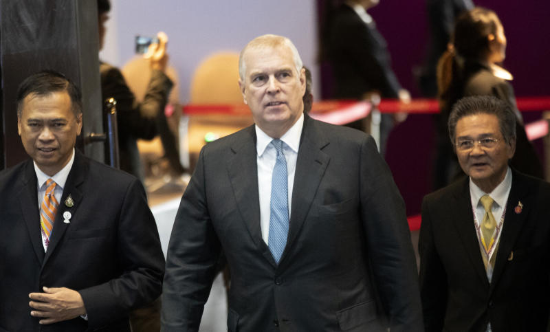 Britain's Prince Andrew, the Duke of York, arrives at the Asean Business and Investment Summit on Sunday. (AP photo)