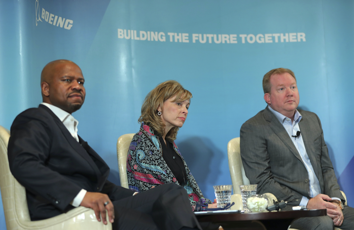 Stan Deal (right), president and CEO of Boeing Commercial Airplanes, listens to a question at a news conference on the eve of the Dubai Air Show on Saturday. Looking on are Ted Colbert, president and CEO of Boeing Global Services, and Leanne Caret, president and CEO of Boeing Defence, Space & Security. (AP Photo) Stan Deal (right), president and CEO of Boeing Commercial Airplanes, listens to a question at a news conference on the eve of the Dubai Air Show on Saturday. Looking on are Ted Colbert, president and CEO of Boeing Global Services, and Leanne Caret, president and CEO of Boeing Defence, Space & Security. (AP Photo)
