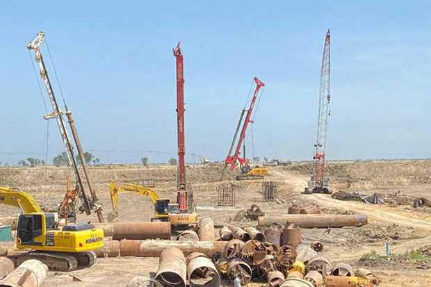 Construction workers are now laying the foundation of the new airport serving Phnom Penh. (State Secretariat of Civil Aviation via Khmer Times photo)