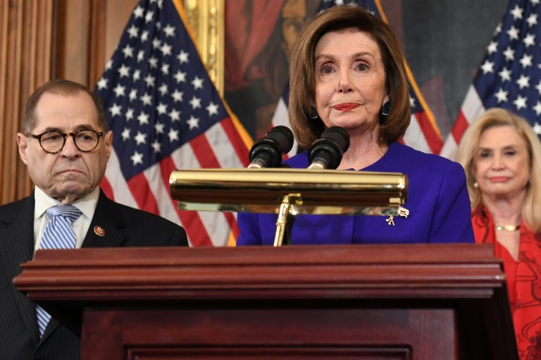 Speaker of the House Nancy Pelosi (C), flanked by House Judiciary Chairman Jerry Nadler, and House Oversight Committee Chairwoman Carolyn Maloney, announces articles of impeachment against President Donald Trump on Dec 10, 2019. Speaker of the House Nancy Pelosi (C), flanked by House Judiciary Chairman Jerry Nadler, and House Oversight Committee Chairwoman Carolyn Maloney, announces articles of impeachment against President Donald Trump on Dec 10, 2019.